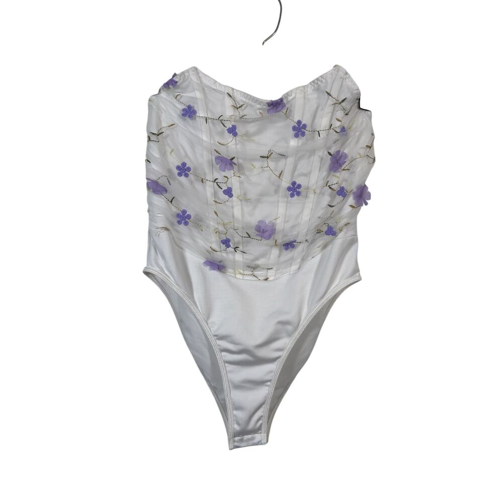 SHEIN Bodysuit Womens Medium White Strapless Sheer Mesh Embroidered Corset Thong